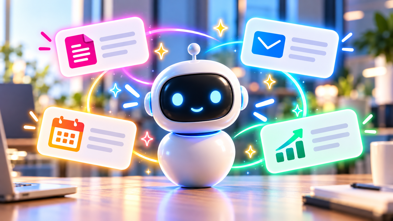 Illustration of an AI agent helping manage documents, emails, schedules, and business tasks through automated workflows and insights. Provide your feedback on BizChat